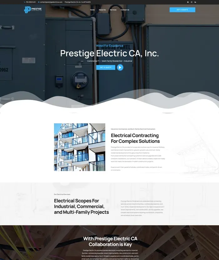 Prestige Electric CA website screenshot