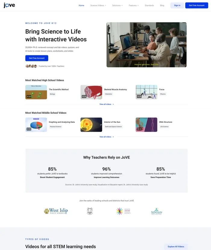 JoVE K12 website screenshot