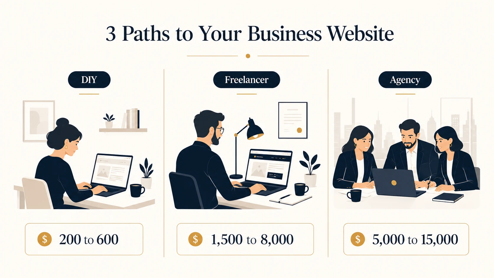 3 paths to a small business website: DIY, Freelancer, and Agency with 2026 price ranges